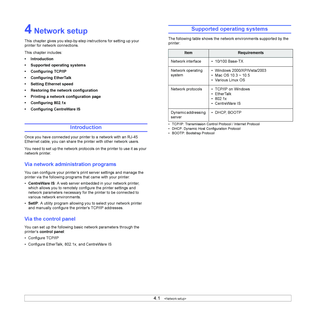 Xerox 3435DN Network setup, Supported operating systems, Via network administration programs, Via the control panel 