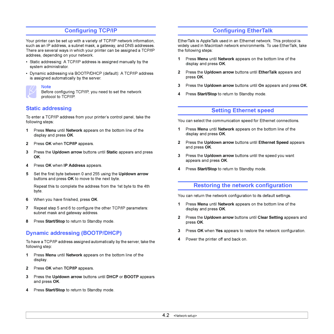 Xerox 3435DN manual Configuring TCP/IP, Configuring EtherTalk, Setting Ethernet speed, Restoring the network configuration 