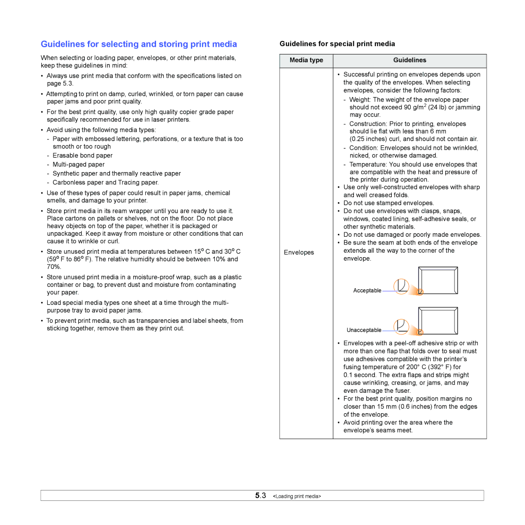 Xerox 3435DN Guidelines for selecting and storing print media, Guidelines for special print media, Media type Guidelines 