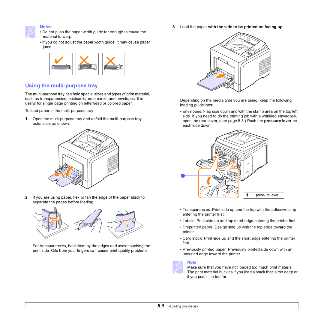 Xerox 3435DN manual Using the multi-purpose tray, Load the paper with the side to be printed on facing up 