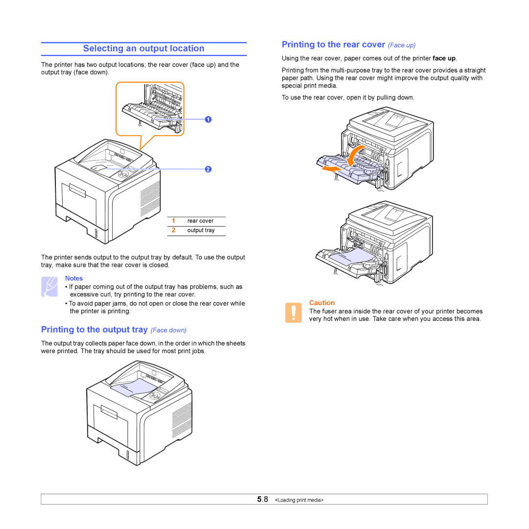 Xerox 3435DN Selecting an output location, Printing to the output tray Face down, Printing to the rear cover Face up 