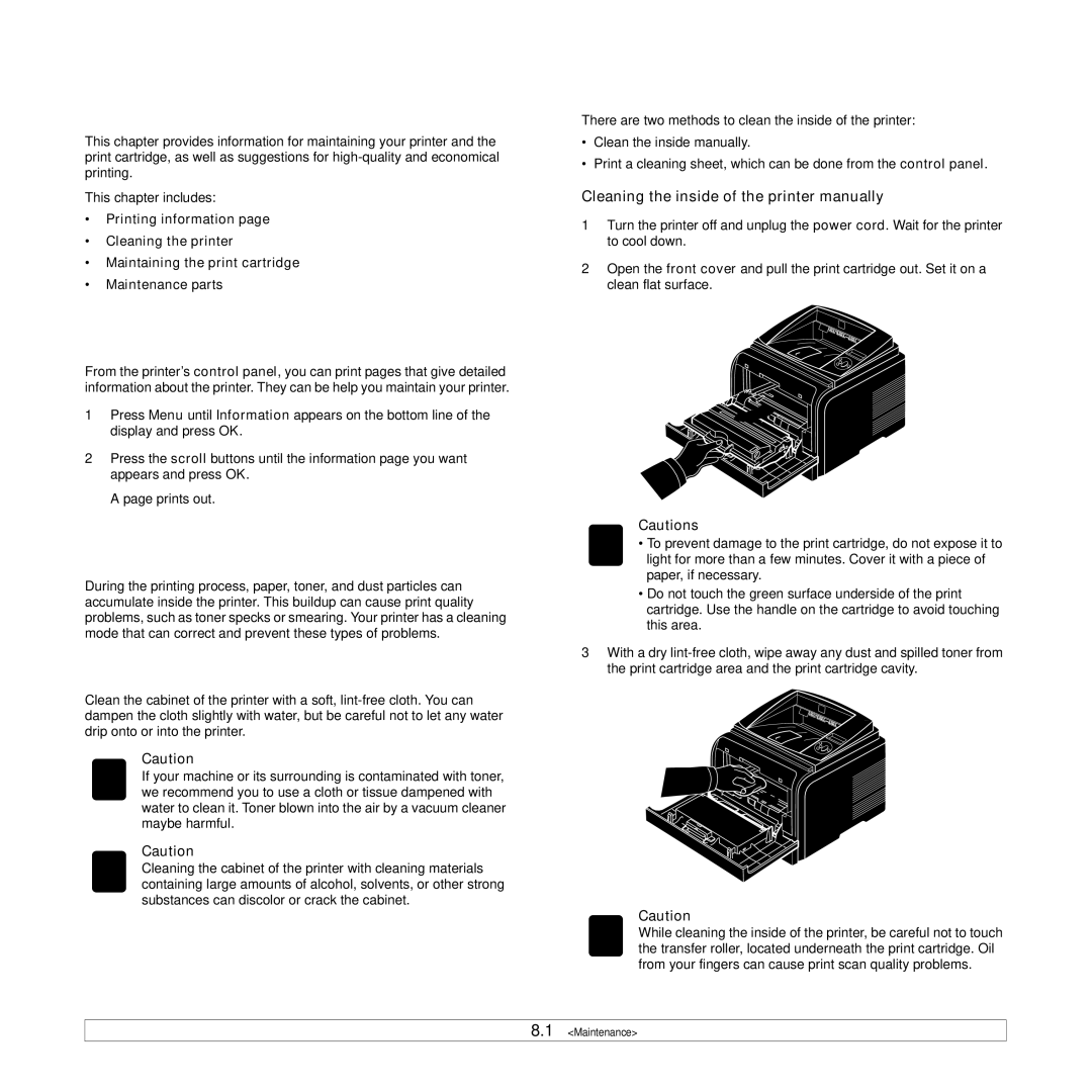 Xerox 3435DN manual Maintenance, Printing information, Cleaning the printer, Cleaning the outside of the printer 