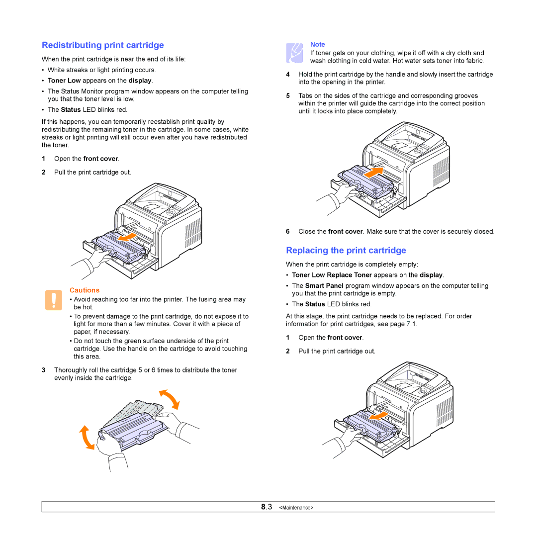 Xerox 3435DN manual Redistributing print cartridge, Replacing the print cartridge, Toner Low appears on the display 