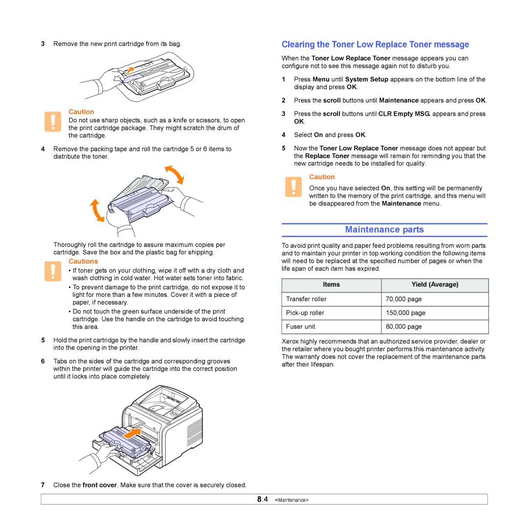 Xerox 3435DN manual Maintenance parts, Clearing the Toner Low Replace Toner message, Items Yield Average 