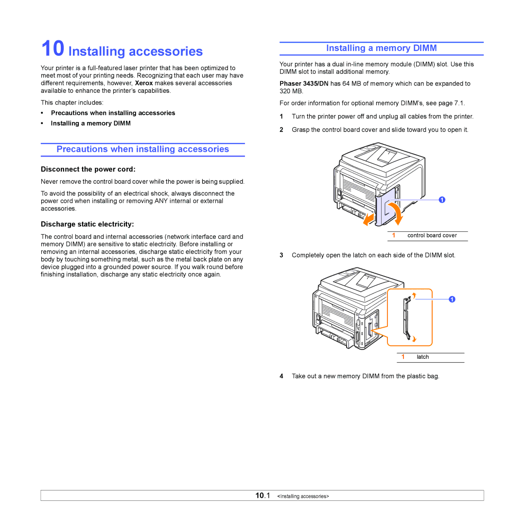 Xerox 3435DN manual Installing accessories, Precautions when installing accessories, Installing a memory Dimm 