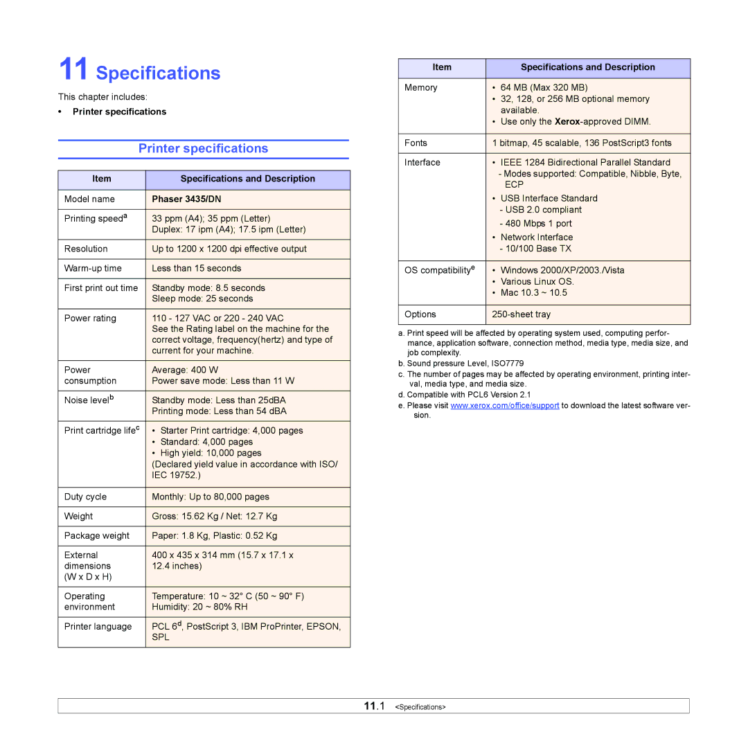 Xerox 3435DN manual Printer specifications, Specifications and Description 