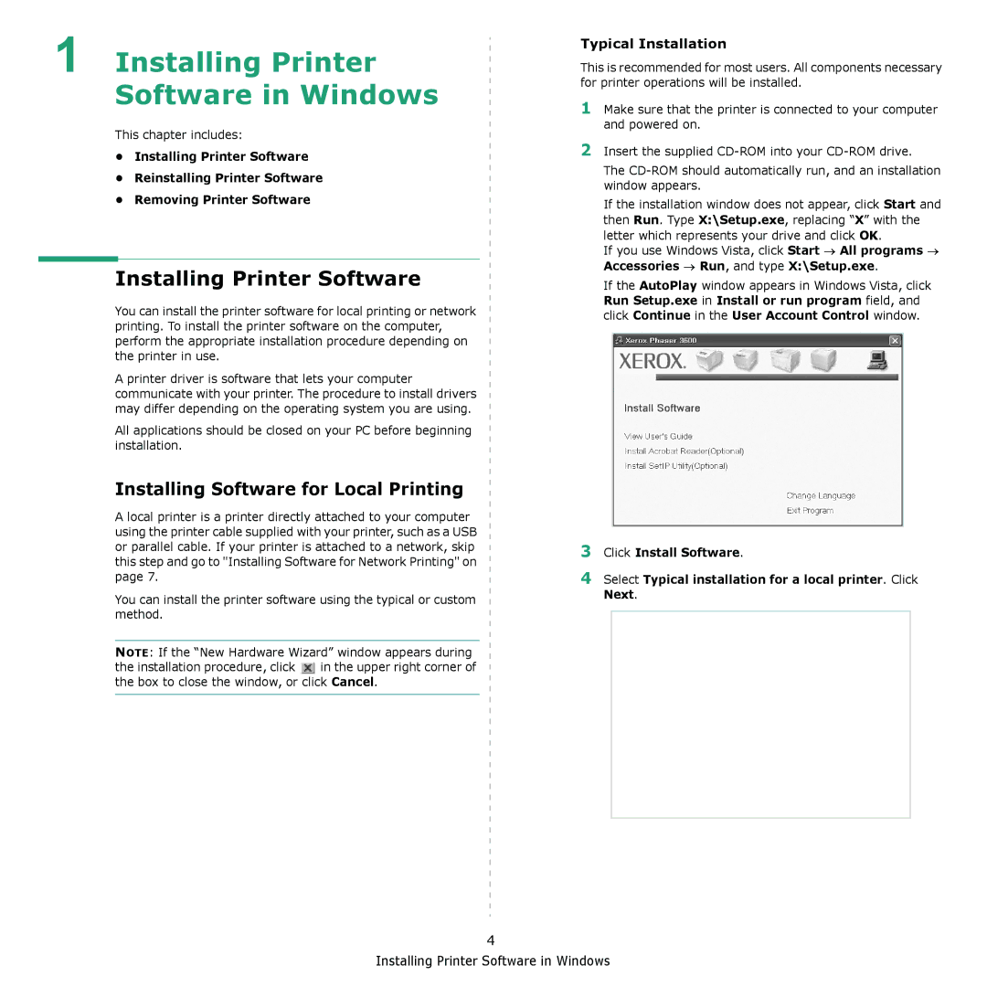 Xerox 3435DN manual Installing Printer Software in Windows, Installing Software for Local Printing 