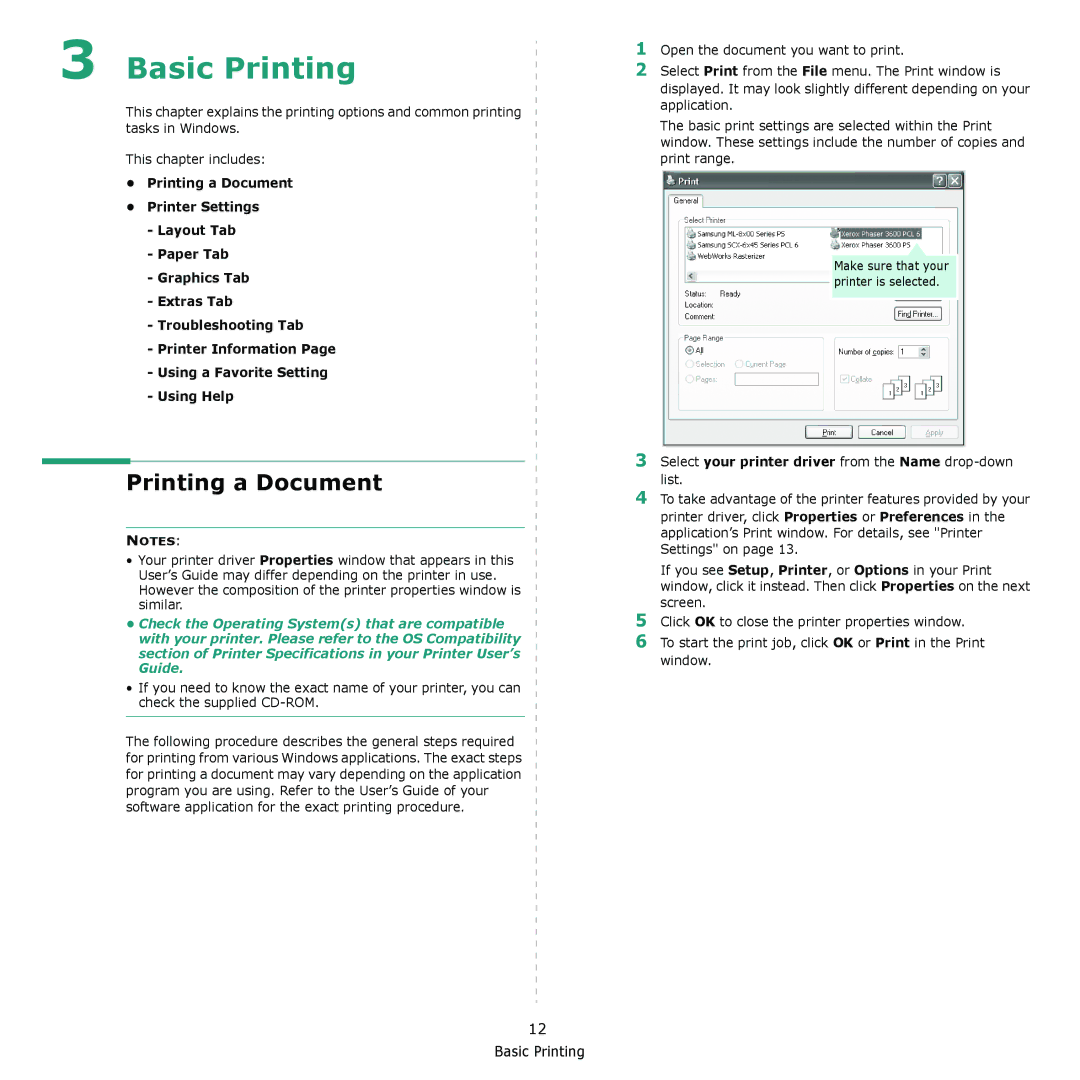 Xerox 3435DN manual Basic Printing, Printing a Document, Select your printer driver from the Name drop-down list 