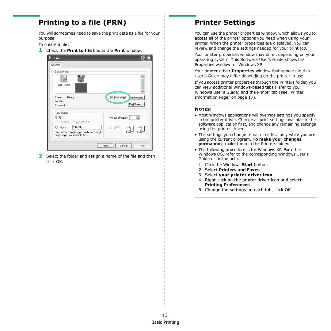 Xerox 3435DN manual Printing to a file PRN, Printer Settings, Select Printers and Faxes Select your printer driver icon 