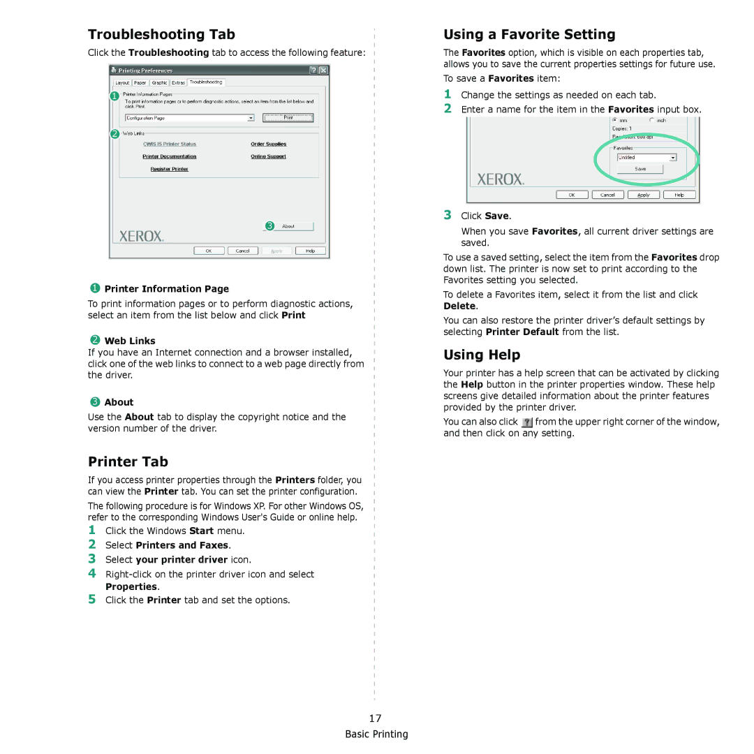 Xerox 3435DN manual Troubleshooting Tab, Printer Tab, Using a Favorite Setting, Using Help 