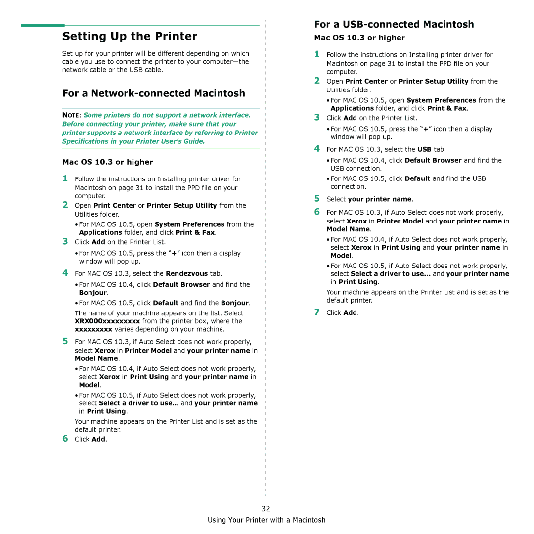 Xerox 3435DN manual Setting Up the Printer, For a Network-connected Macintosh, For a USB-connected Macintosh 