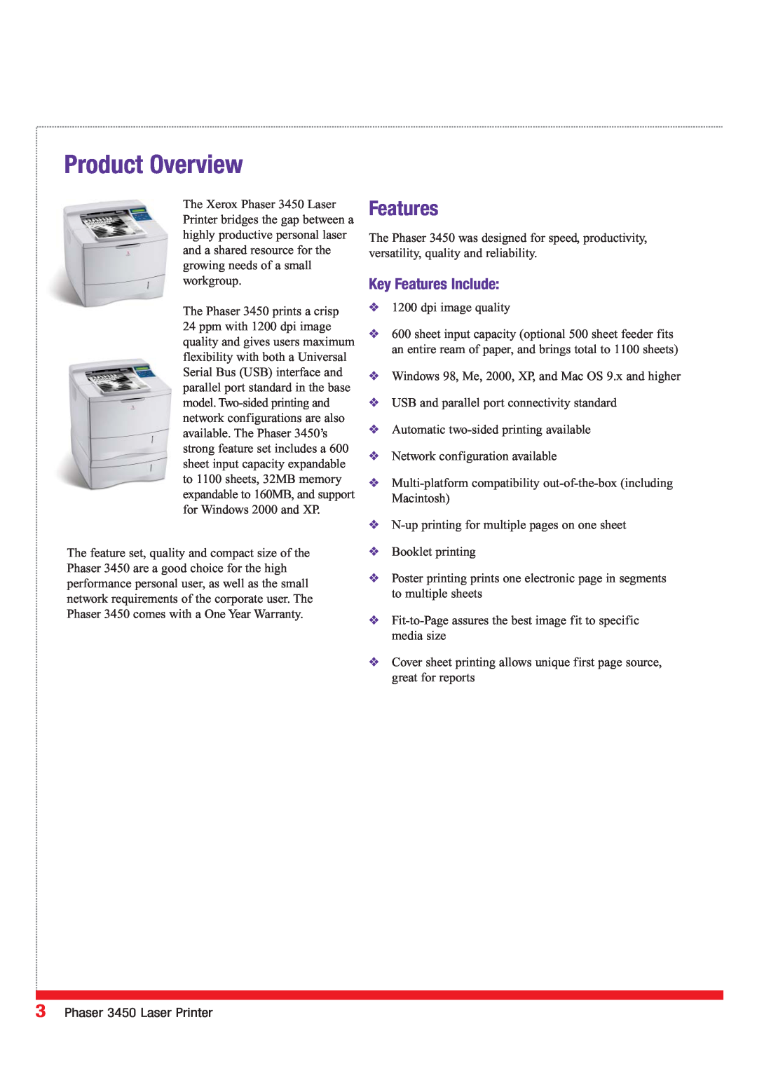 Xerox manual Product Overview, Key Features Include, Phaser 3450 Laser Printer 