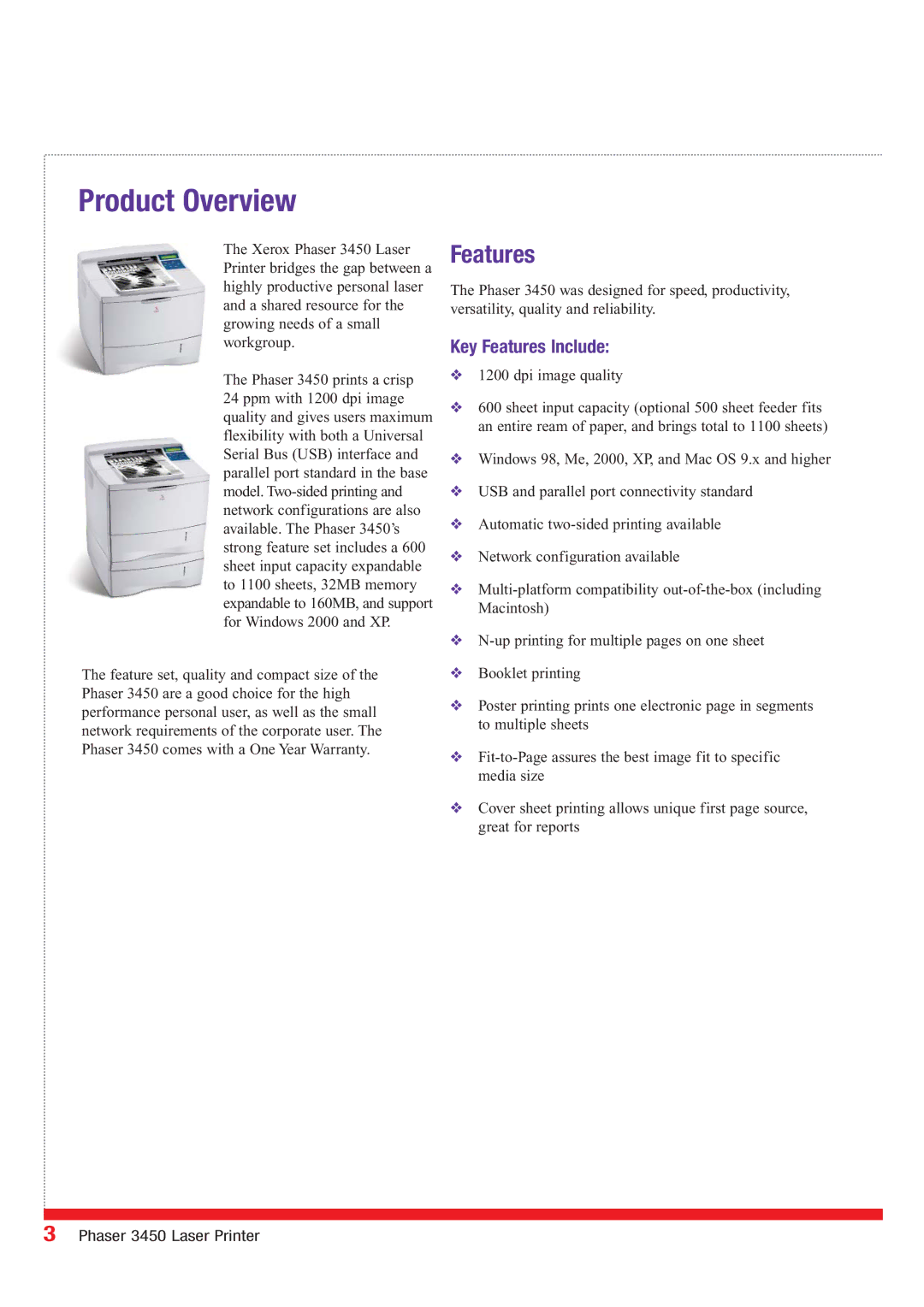 Xerox 3450 manual Product Overview, Key Features Include 