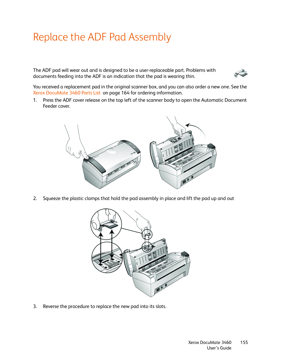 Xerox 3460 manual Replace the ADF Pad Assembly 