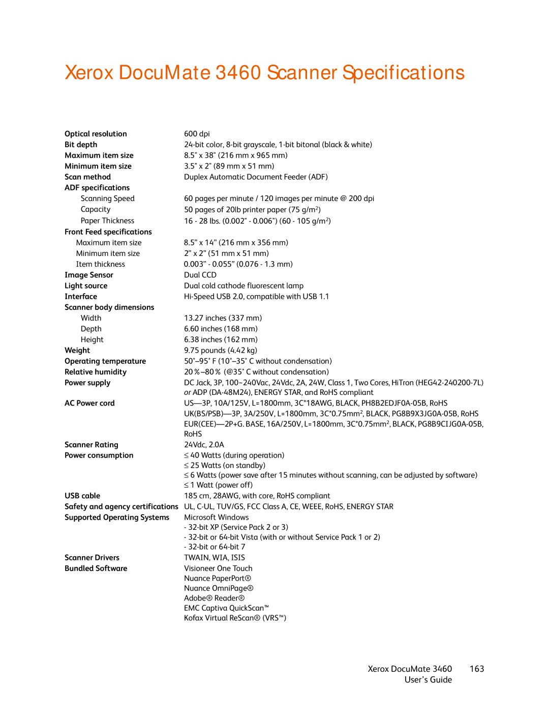 Xerox manual Xerox DocuMate 3460 Scanner Specifications, Front Feed specifications 