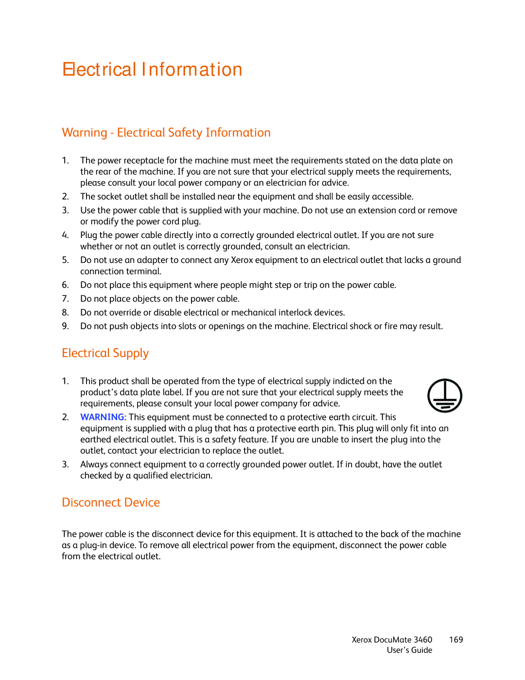 Xerox 3460 manual Electrical Information, Electrical Supply, Disconnect Device 