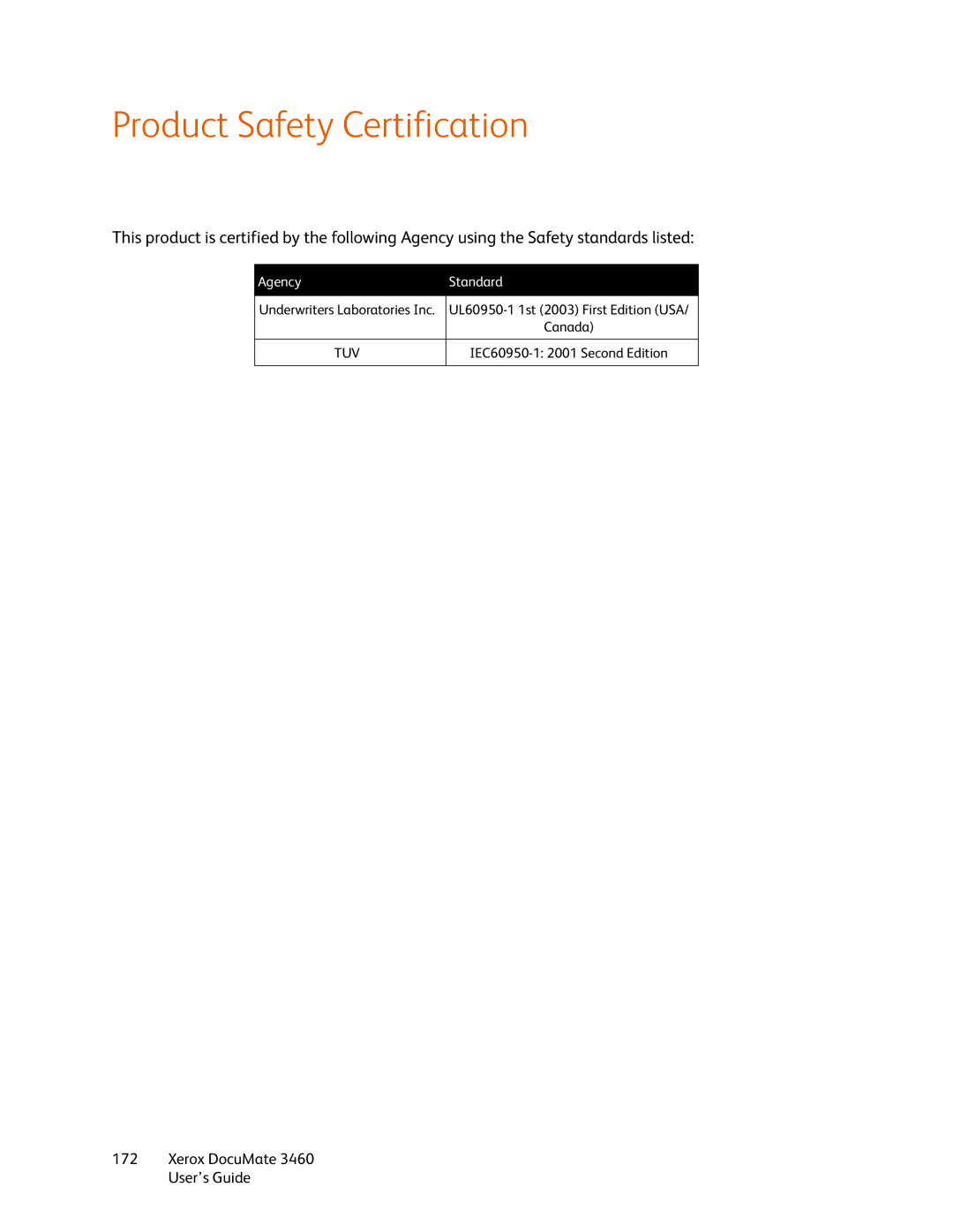 Xerox 3460 manual Product Safety Certification 