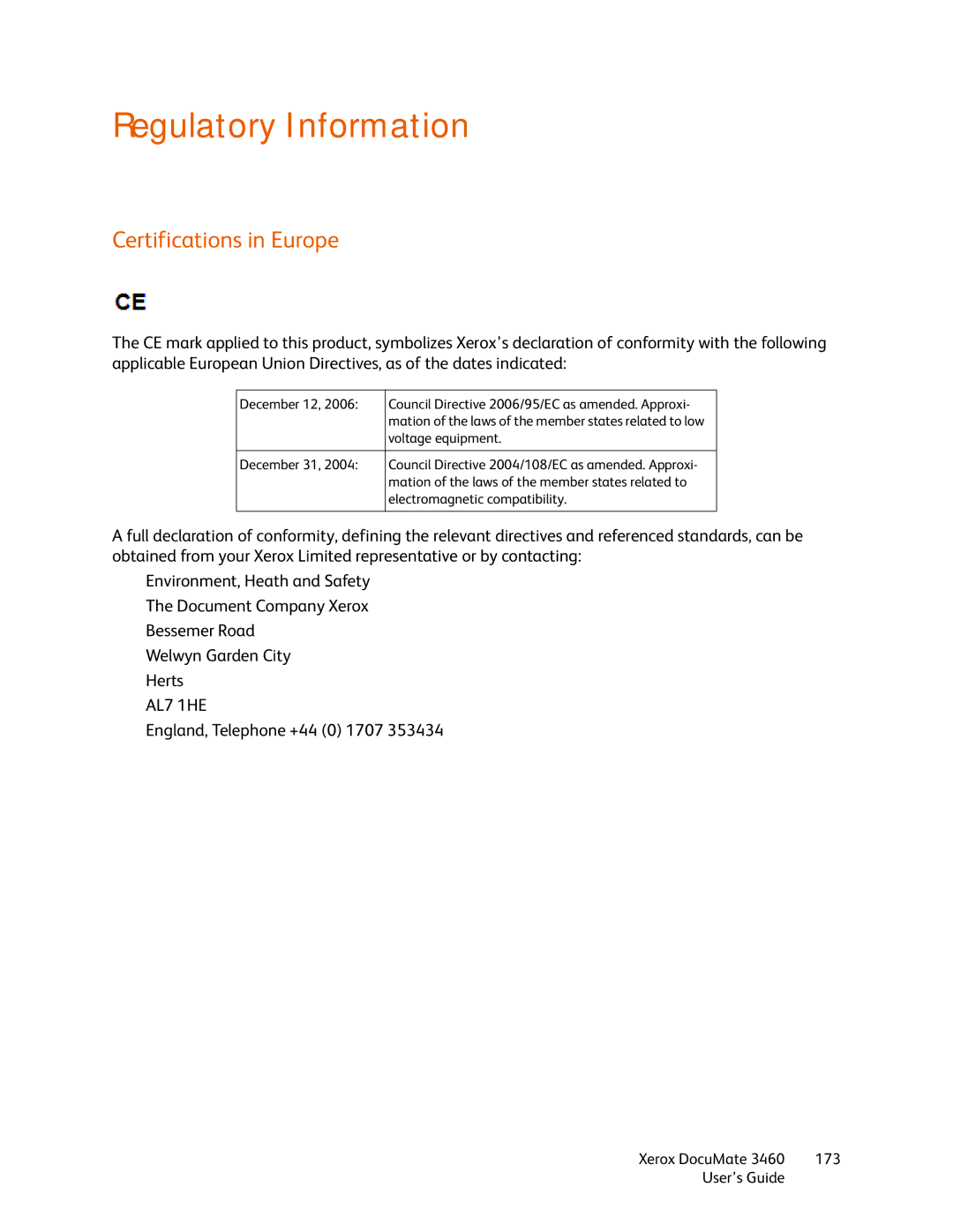 Xerox 3460 manual Regulatory Information, Certifications in Europe 