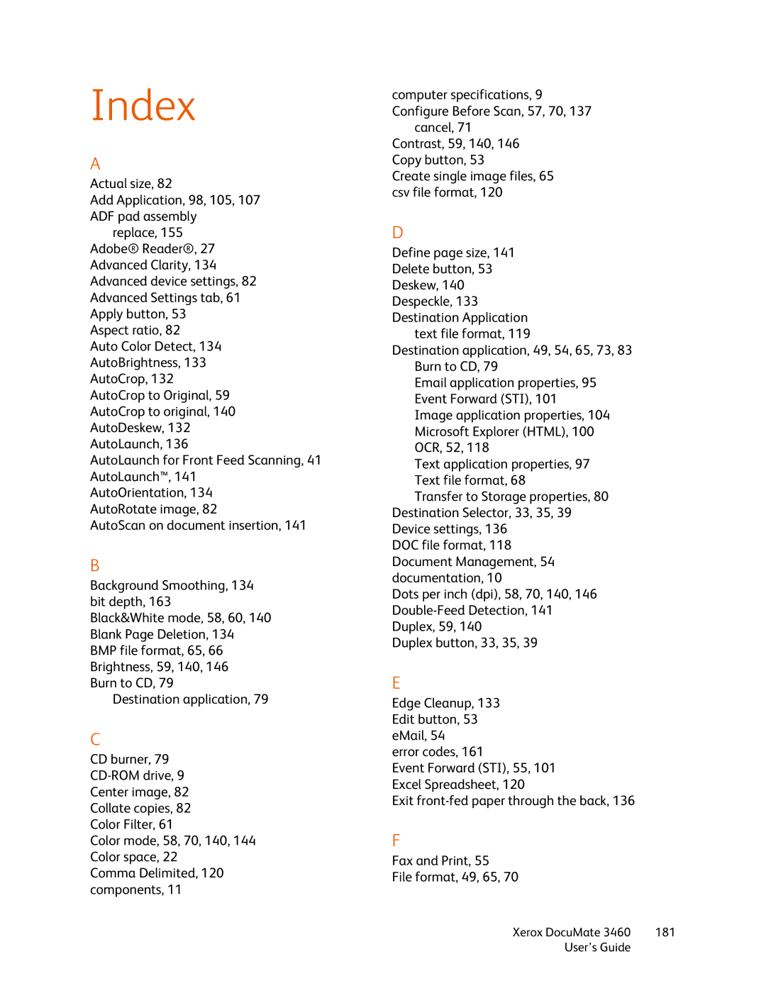 Xerox 3460 manual Index 