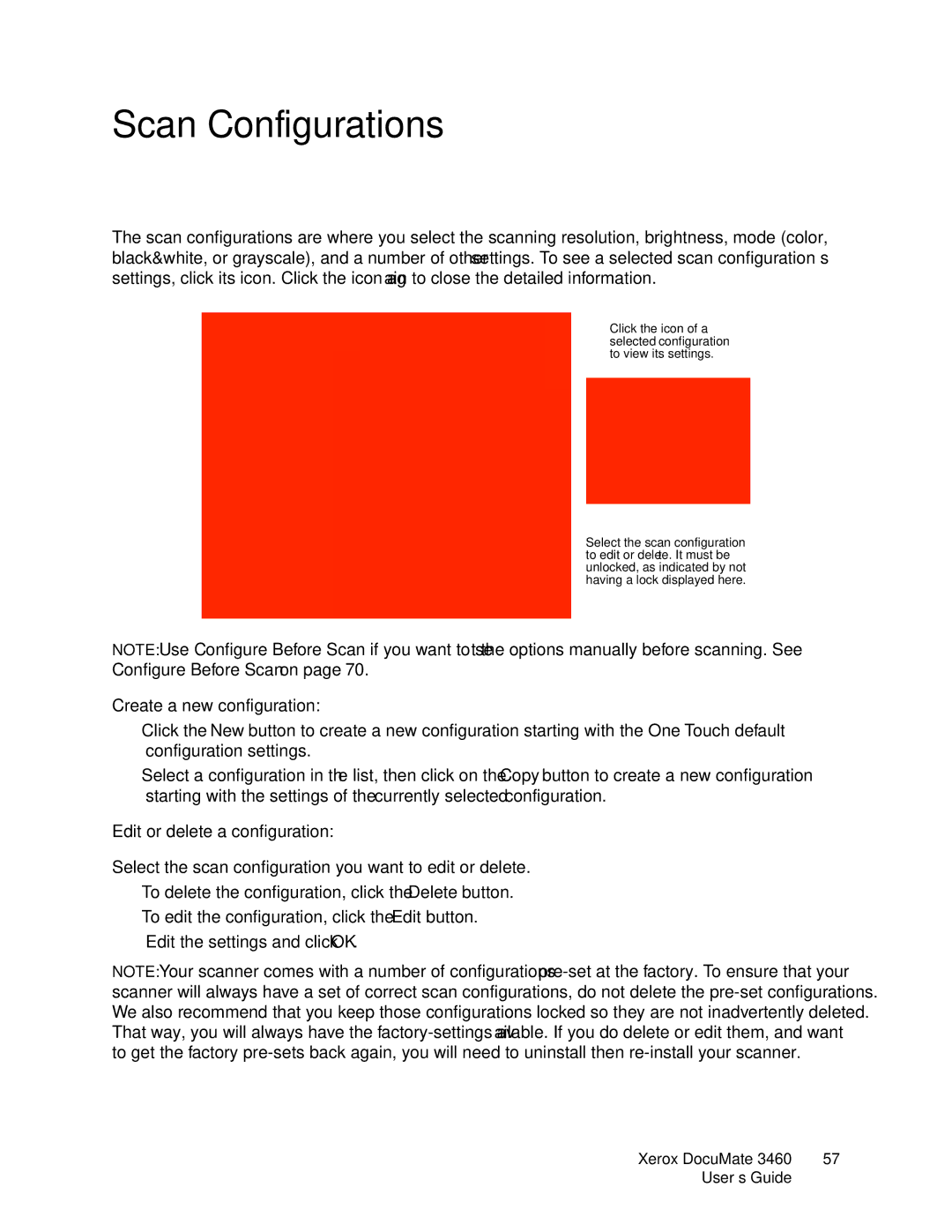 Xerox 3460 manual Scan Configurations, Create a new configuration, Edit or delete a configuration 