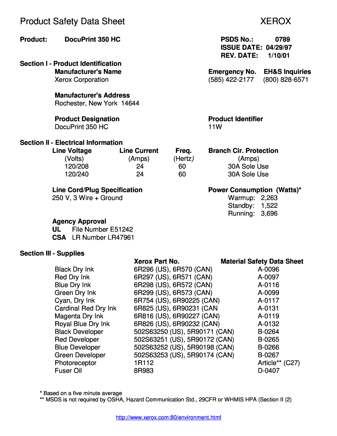 Xerox 350 HC manual Product Safety Data Sheet, Xerox 