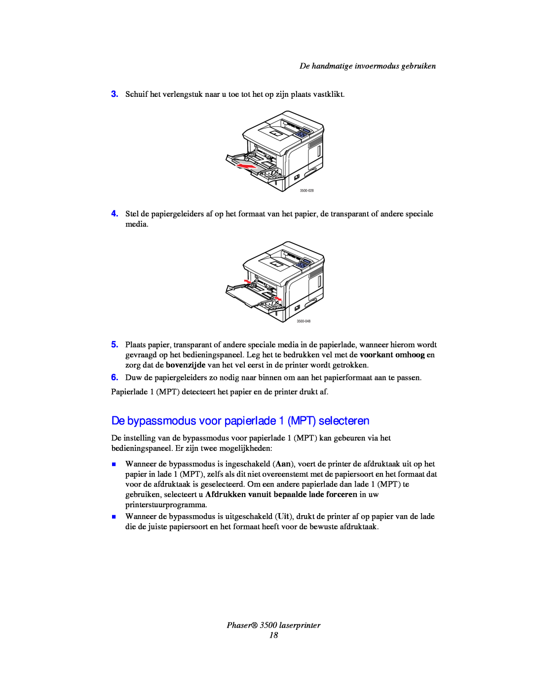 Xerox De bypassmodus voor papierlade 1 MPT selecteren, De handmatige invoermodus gebruiken, Phaser 3500 laserprinter 