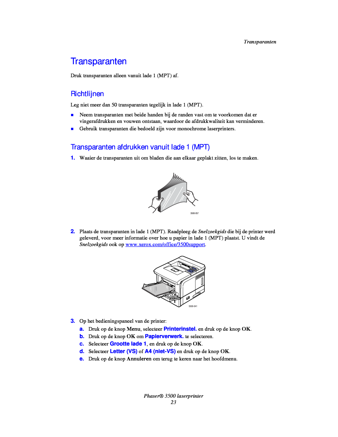 Xerox manual Richtlijnen, Transparanten afdrukken vanuit lade 1 MPT, Phaser 3500 laserprinter 23 
