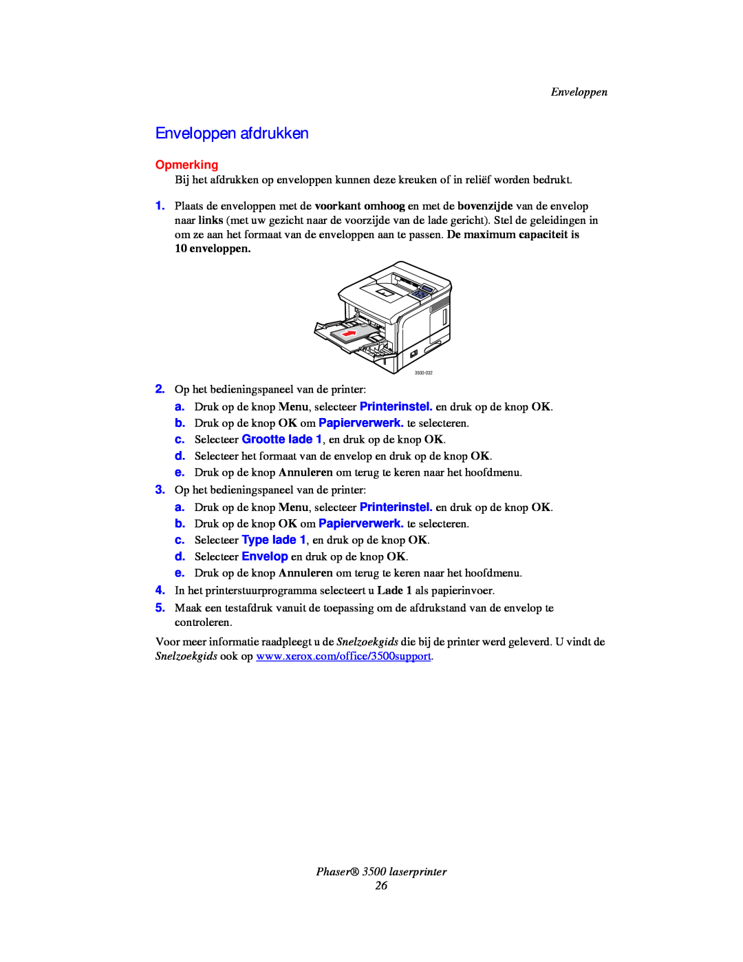 Xerox manual Enveloppen afdrukken, Opmerking, Phaser 3500 laserprinter 