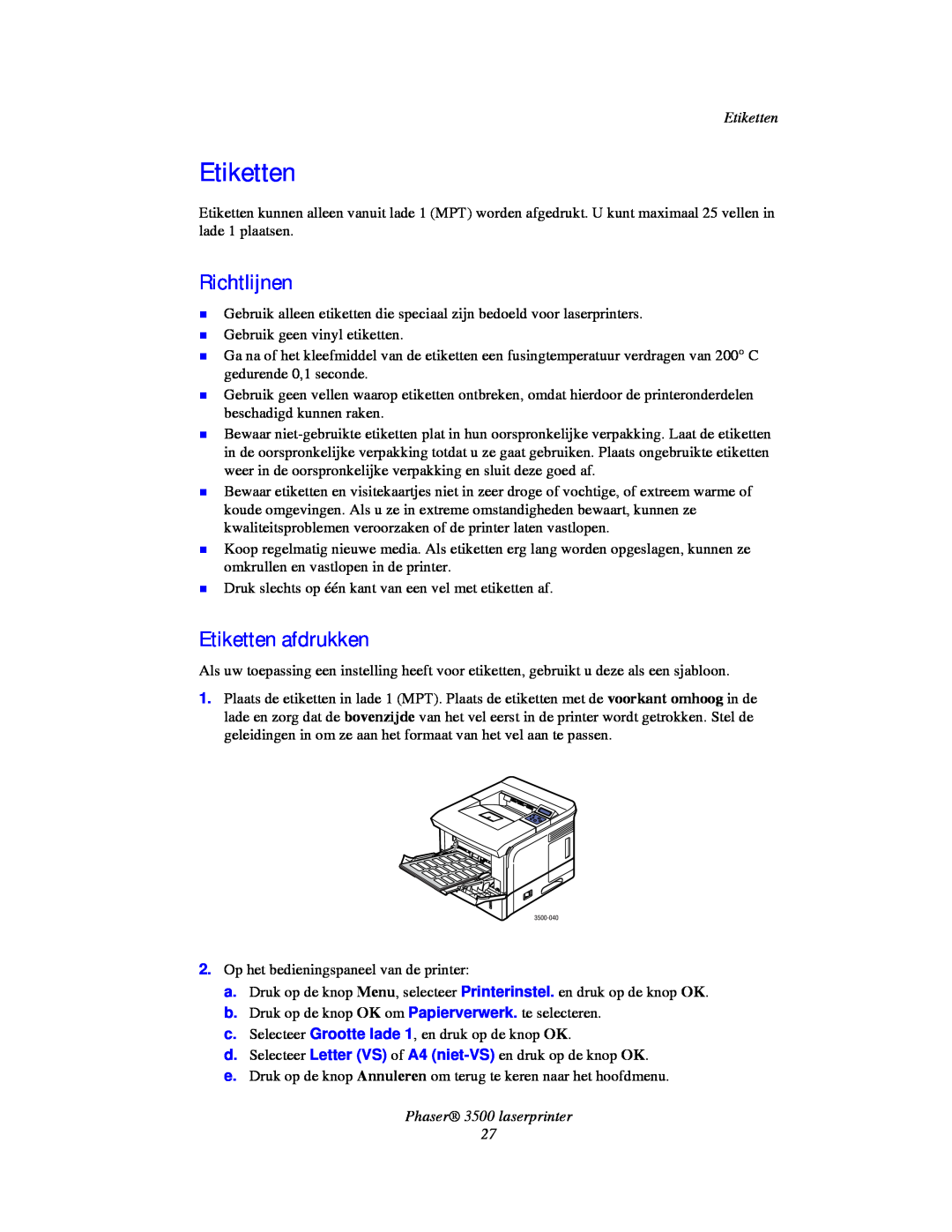 Xerox manual Etiketten afdrukken, Richtlijnen, Phaser 3500 laserprinter 
