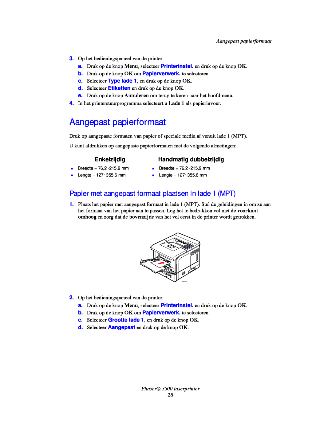 Xerox manual Aangepast papierformaat, Enkelzijdig, Handmatig dubbelzijdig, Phaser 3500 laserprinter 