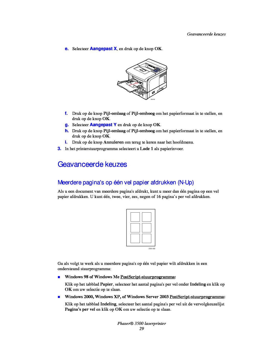 Xerox manual Geavanceerde keuzes, Meerdere paginas op één vel papier afdrukken N-Up, Phaser 3500 laserprinter 