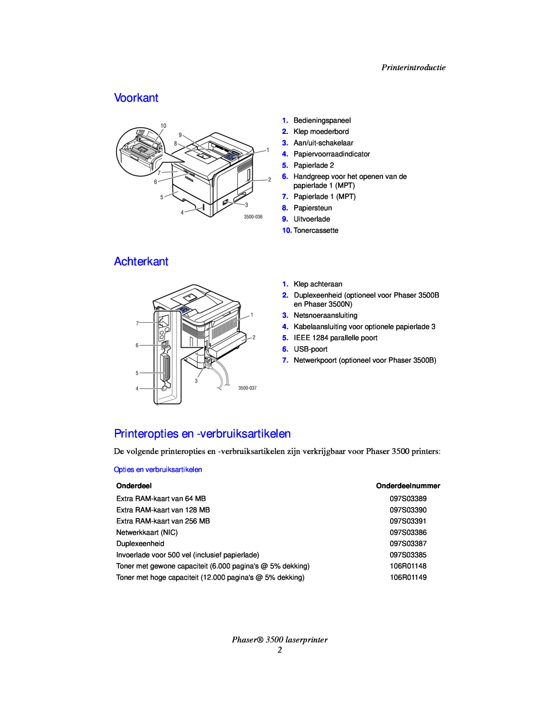 Xerox manual Voorkant, Achterkant, Printeropties en -verbruiksartikelen, Printerintroductie, Phaser 3500 laserprinter 