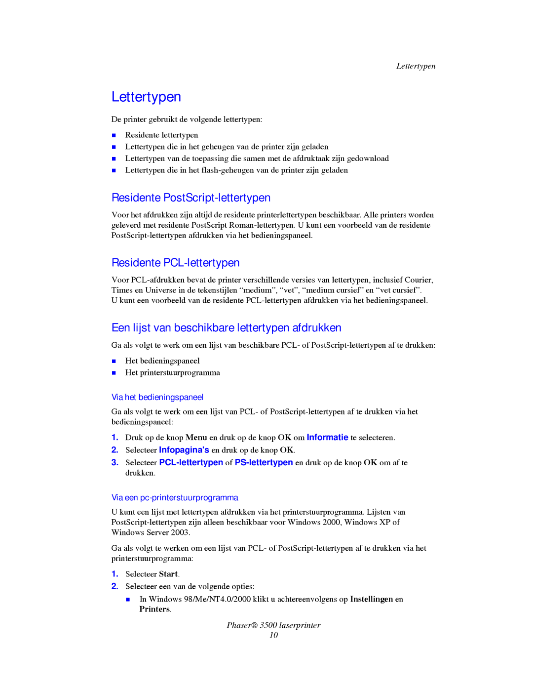 Xerox 3500 manual Lettertypen, Residente PostScript-lettertypen, Residente PCL-lettertypen 