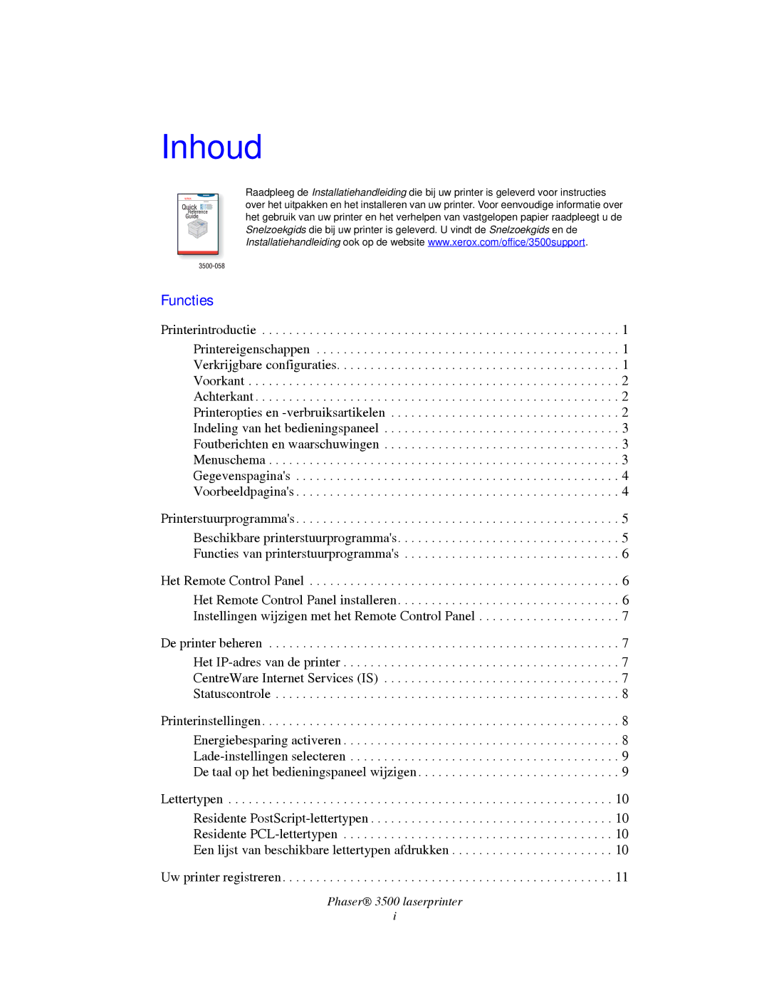 Xerox manual Inhoud, Phaser 3500 laserprinter 