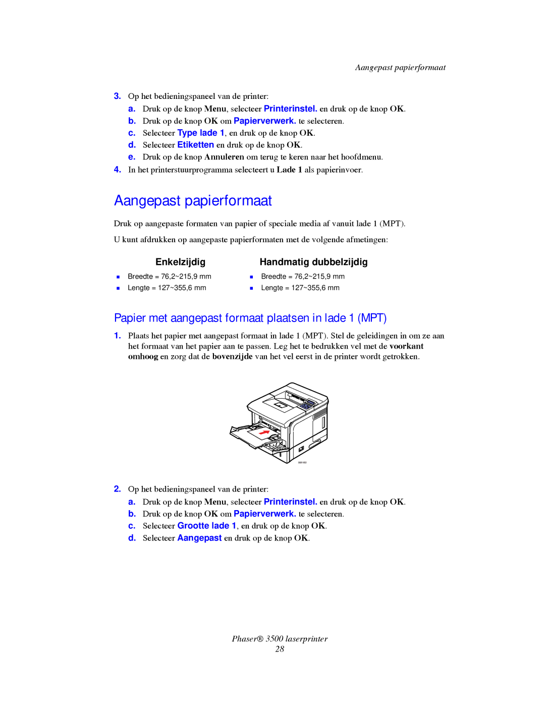 Xerox 3500 manual Aangepast papierformaat, Papier met aangepast formaat plaatsen in lade 1 MPT 