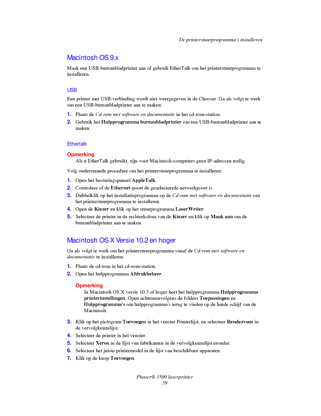 Xerox 3500 manual Macintosh OS X Versie 10.2 en hoger, Ethertalk 