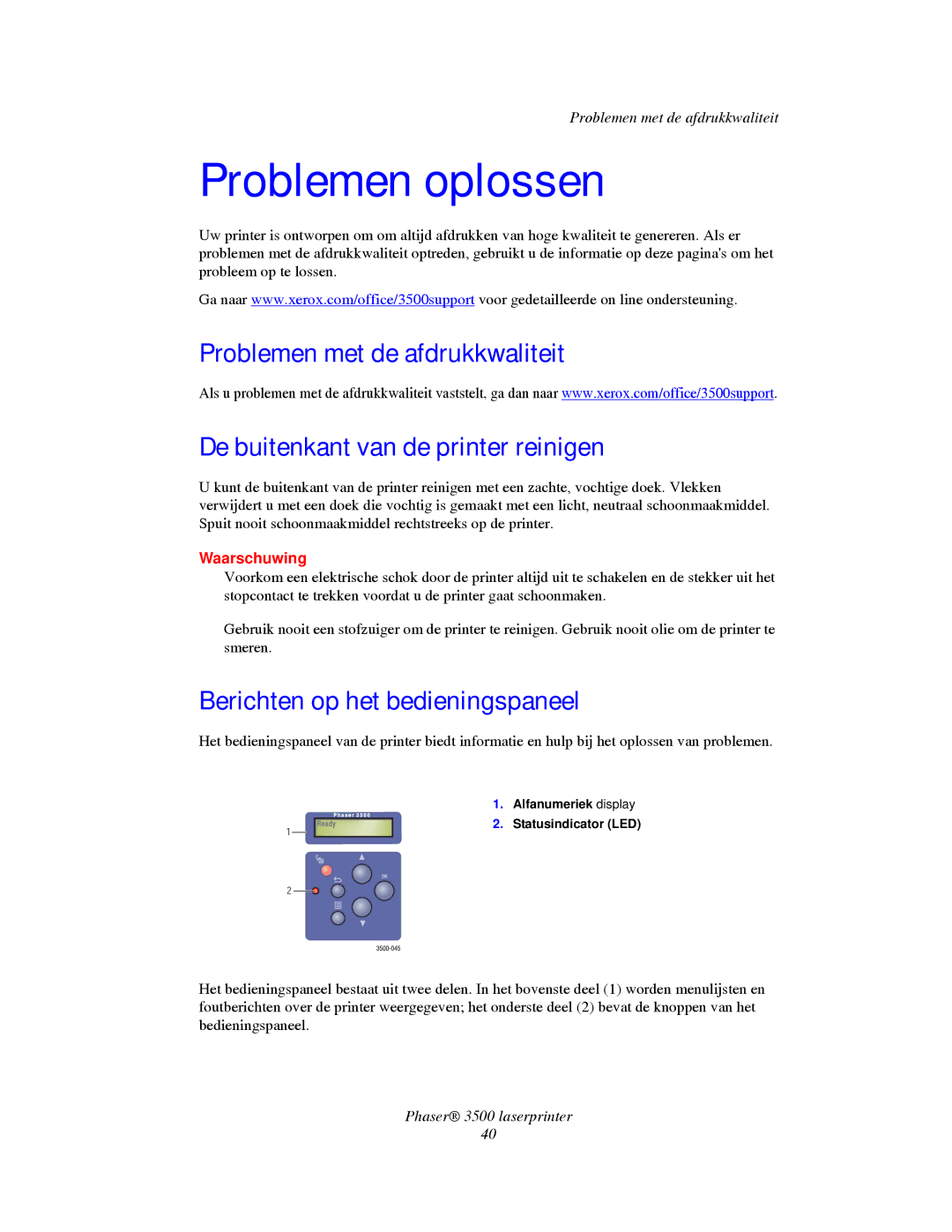 Xerox 3500 manual Berichten op het bedieningspaneel, Problemen met de afdrukkwaliteit 