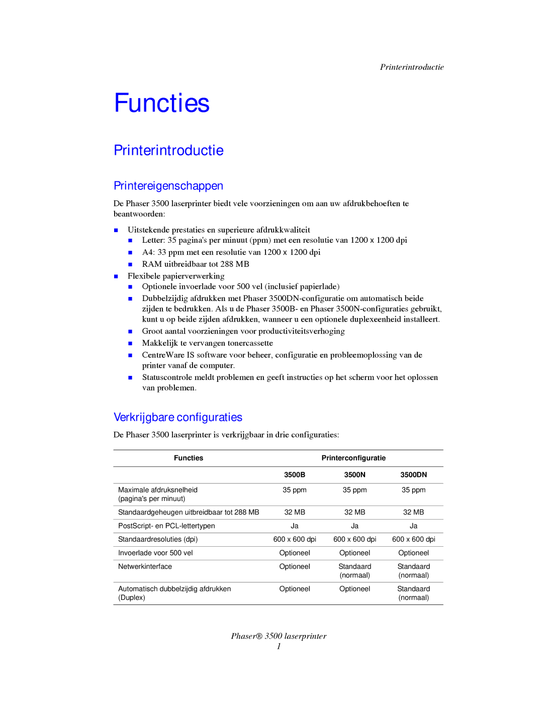 Xerox 3500 manual Printerintroductie, Printereigenschappen, Verkrijgbare configuraties 