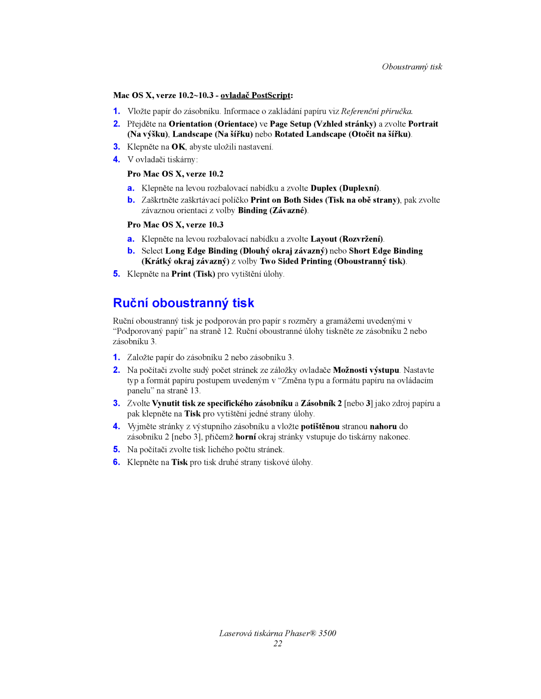 Xerox 3500 manual Ruční oboustranný tisk, Mac OS X, verze 10.2~10.3 ovladač PostScript, Pro Mac OS X, verze 
