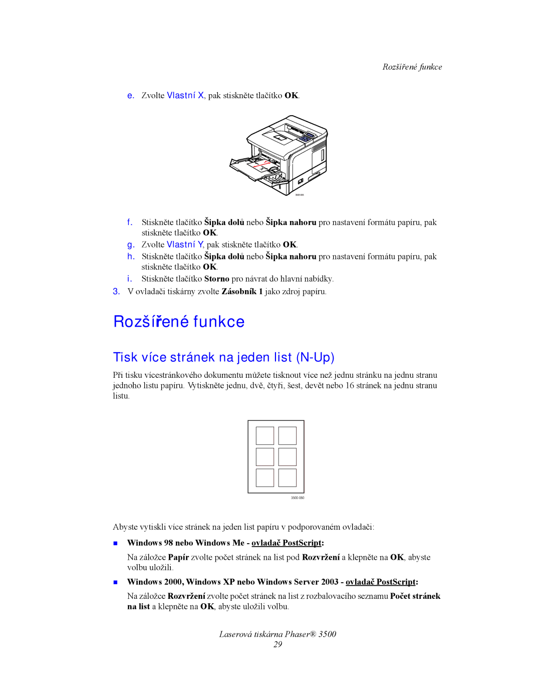 Xerox 3500 manual Rozšířené funkce, Tisk více stránek na jeden list N-Up, „ Windows 98 nebo Windows Me ovladač PostScript 