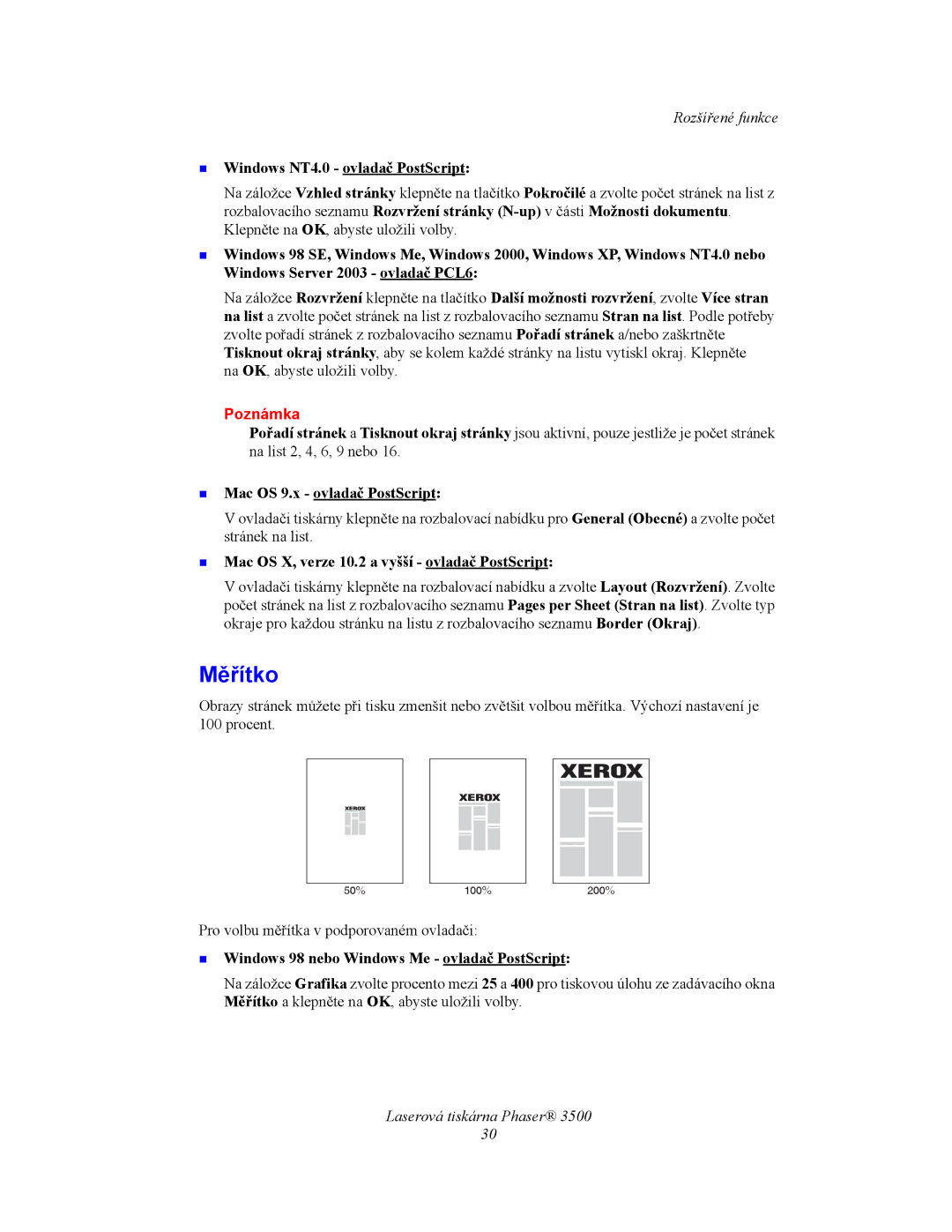 Xerox 3500 manual Měřítko, „ Windows NT4.0 ovladač PostScript, „ Mac OS 9.x ovladač PostScript 