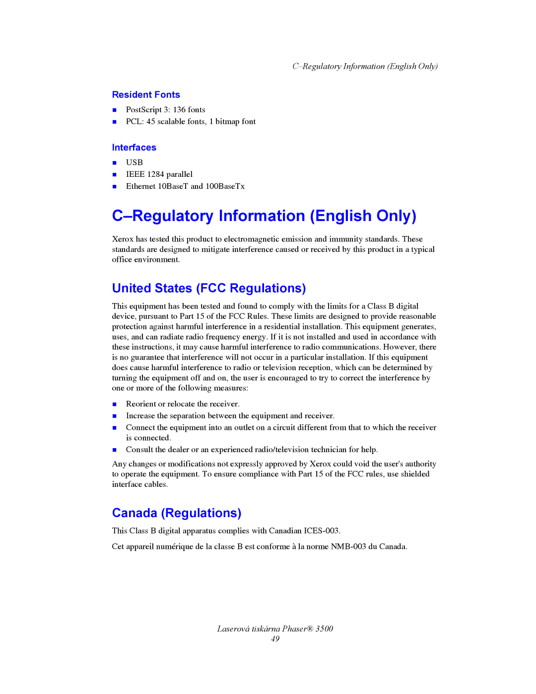 Xerox 3500 manual Regulatory Information English Only, United States FCC Regulations, Canada Regulations, Resident Fonts 