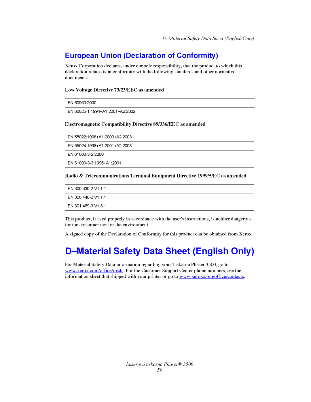 Xerox 3500 manual Material Safety Data Sheet English Only, European Union Declaration of Conformity 