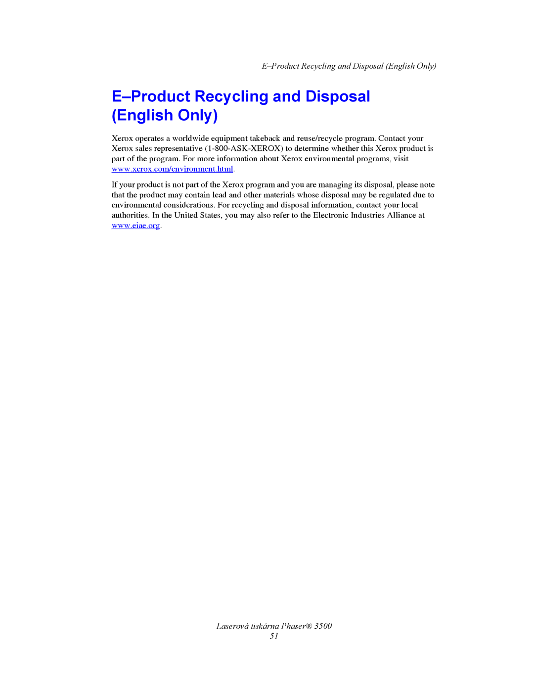 Xerox 3500 manual Product Recycling and Disposal English Only 