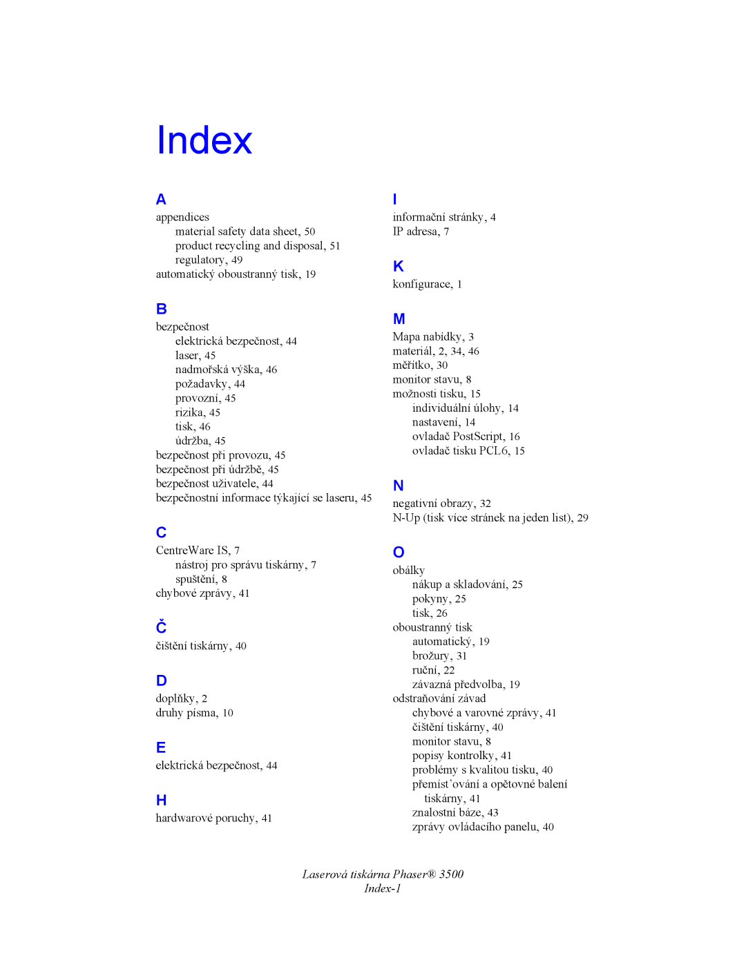 Xerox 3500 manual Laserová tiskárna Phaser Index-1 