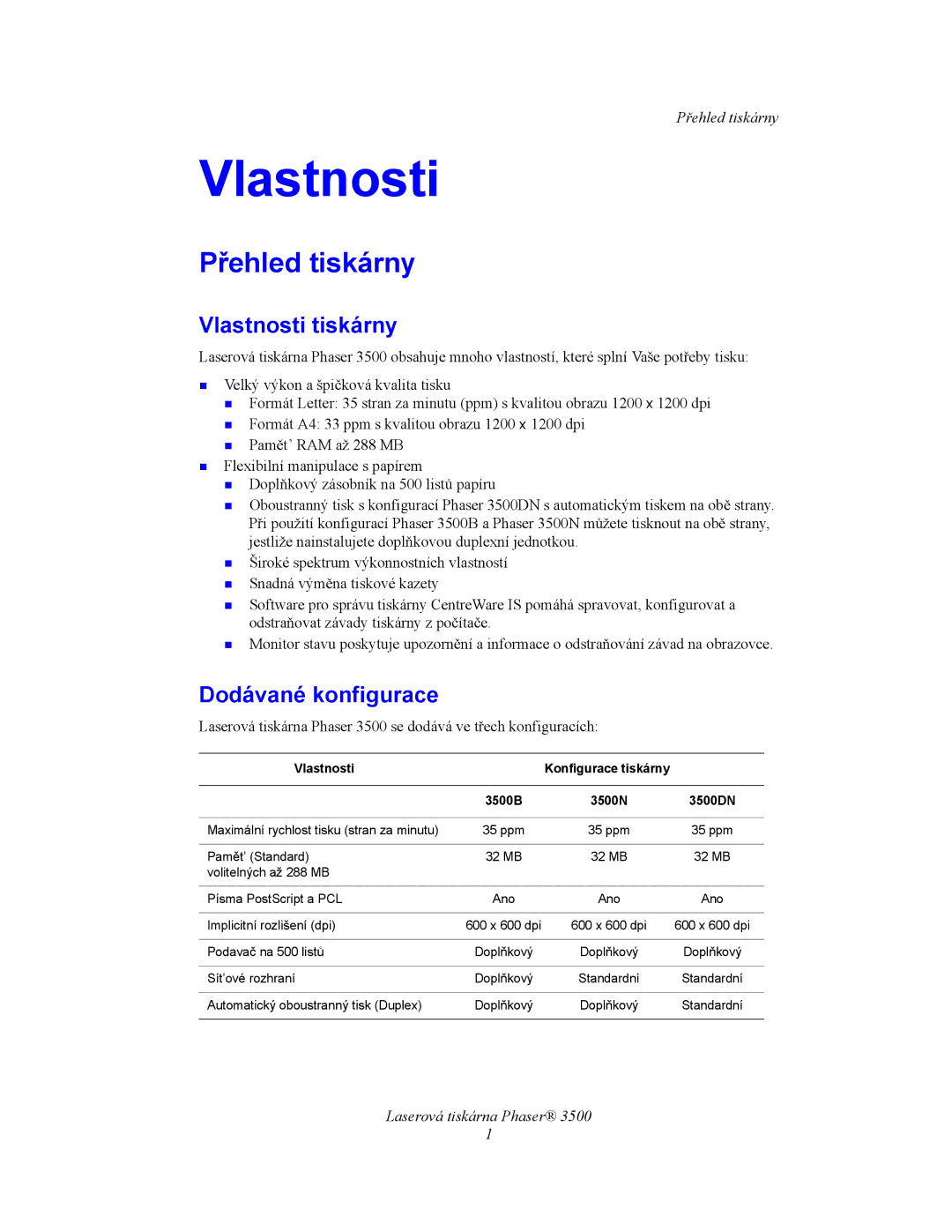 Xerox 3500 manual Přehled tiskárny, Vlastnosti tiskárny, Dodávané konfigurace 