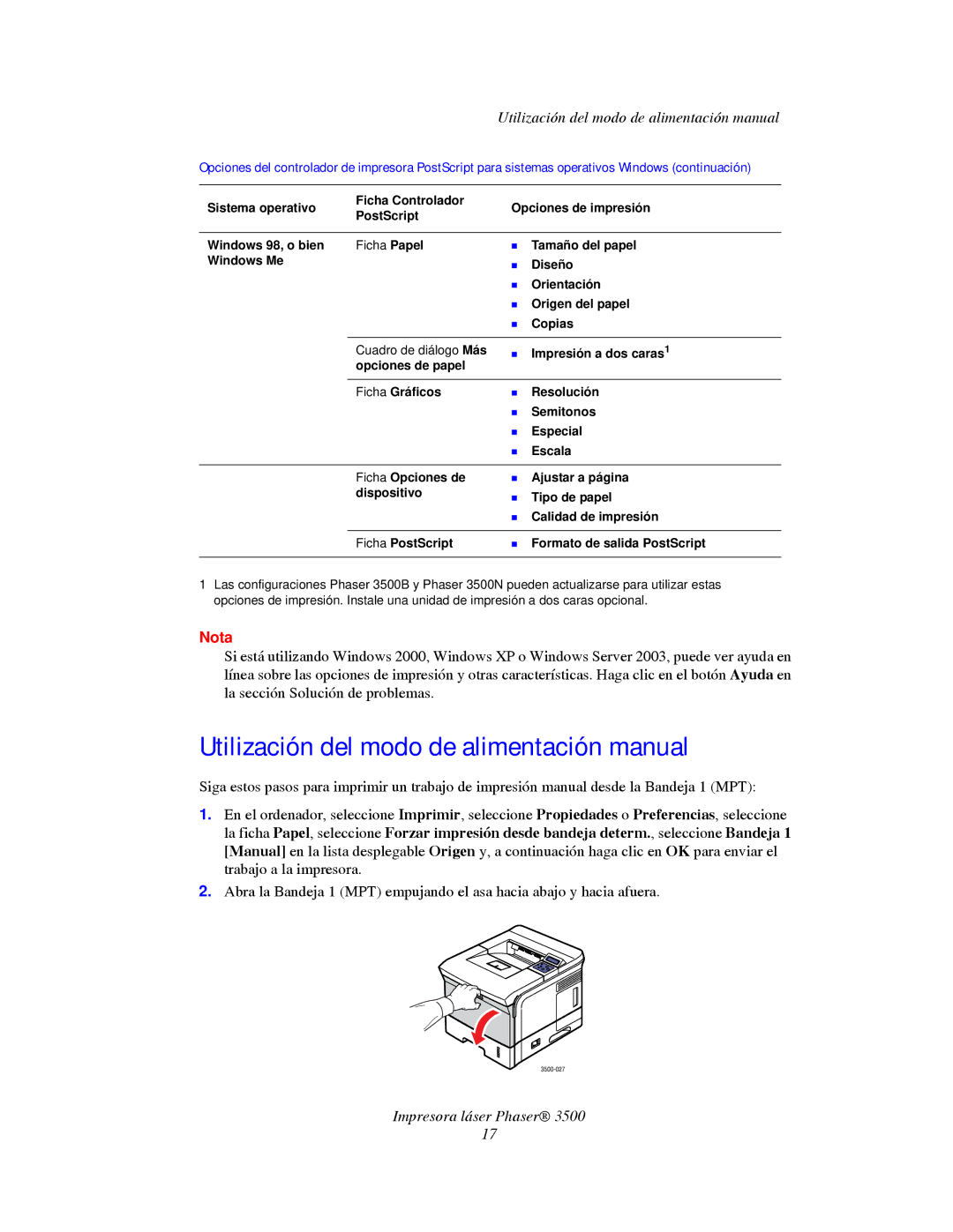 Xerox 3500 Utilización del modo de alimentación manual 