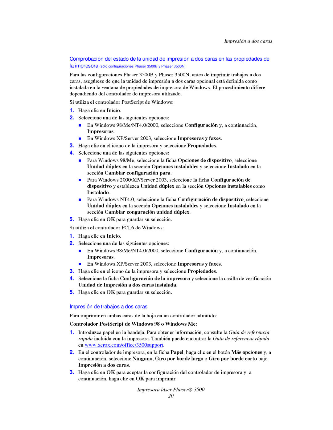 Xerox 3500 manual Impresión de trabajos a dos caras, Controlador PostScript de Windows 98 o Windows Me 