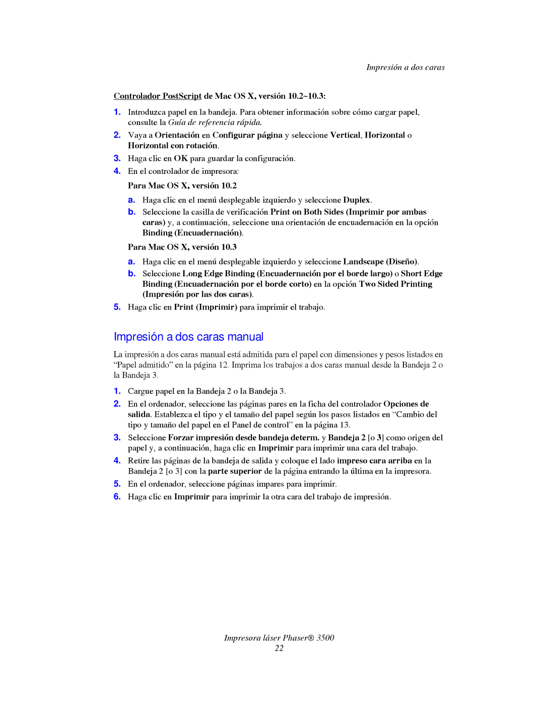 Xerox 3500 Impresión a dos caras manual, Controlador PostScript de Mac OS X, versión 10.2~10.3, Para Mac OS X, versión 