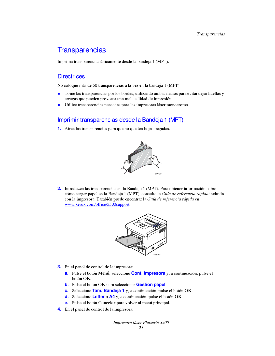 Xerox 3500 manual Transparencias, Directrices, Imprimir transparencias desde la Bandeja 1 MPT 